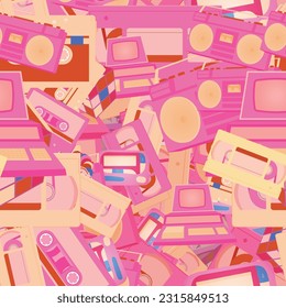 Background pattern abstract design texture. Seamless. Theme is about clock, commodore, magnetola, video, retro, rubix cube, audio, pager, 80s, boombox, candy watches, classic, VHS, sweets