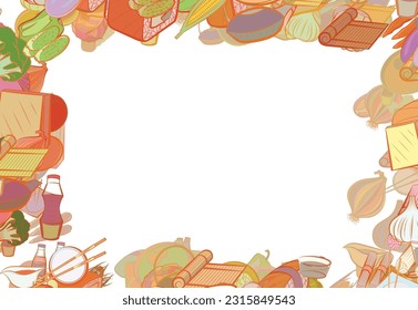 Background pattern abstract design texture. Japanese food and Health food. Border frame, transparent background. Theme is about pods, tea, spring onions, chopsticks, bottles, carrot, kyusu