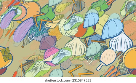 Background pattern abstract design texture. Seamless. Tennis and Health food. Theme is about lathing, broccoli, white, in the leaves, persimmon, head of cab, healthy food, protein, onion feathers