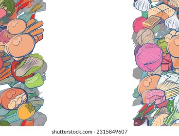 Background pattern abstract design texture. Bakery products and Health food. Vertical seamless stripes. Border frame, transparent background. Theme is about vitamins, small, sennit, spicy