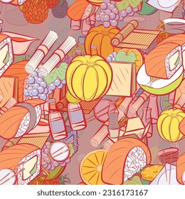 Background pattern abstract design texture. Seamless. Japanese food and Fruits. Theme is about round grapes, orange, fruit, kyusu, sauce cup, cut, slices, tea, water bottles, Apple, leaflet