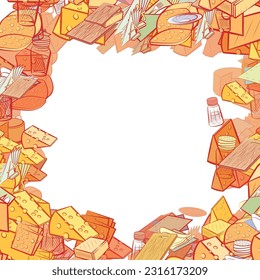 Background pattern abstract design texture. Table setting and Cheeses. Border frame, transparent background. Theme is about cut out, plate, knife, piece of cheese, container, triangle, napkin holder