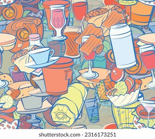 Background pattern abstract design texture. Seamless. Drinks and Snacks. Theme is about cream, soda can, cocktail, cola, onigiri, drink, pancake, alcohol, wineglass, cake, lettuce leaf, meat
