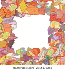 Background pattern abstract design texture. Cheeses and Table setting. Border frame, transparent background. Theme is about cut off, knife, solid, chunk a piece, piece of cheese, pepper pot