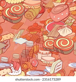 Background pattern abstract design texture. Seamless. Table setting and Snacks. Theme is about table set, wrapped up, sausage, folded, liquids, crab meat, twisted, container, soup, jelly