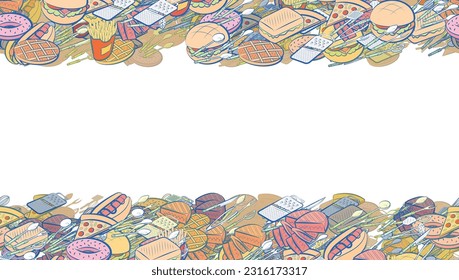 Background pattern abstract design texture. Cutlery and American food. Horizontal seamless stripes. Border frame, transparent background. Theme is about french fries, whisk, bakery products