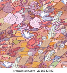 Background pattern abstract design texture. Seamless. Seafood and Table setting. Theme is about container, yummy, crab, octopus, napkin, table set, claws, tentacle, shrimp, seafood, big