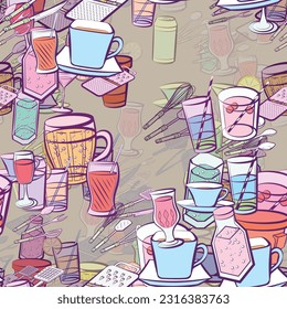 Background pattern abstract design texture. Seamless. Drinks and Cutlery. Theme is about stand, thread, bubbles, forceps, Martini, meat hammer, potato peeler, tea, cola, Potato Maker, ladle