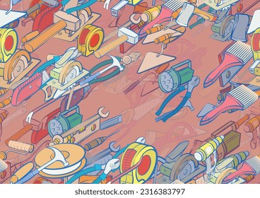 Background pattern abstract design texture. Seamless. Repair and Building tools. Theme is about shavings, manufacturing, circular saw, woodworking, laying bricks, alignment, hammer, mount