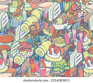 Background pattern abstract design texture. Seamless. Snacks and Alcohol. Theme is about gin, basket, biscuit, meat, caramel, strong alcohol, soup, bottle, bacon, soda, covered, cola, jelly