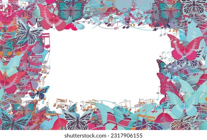Background pattern abstract design texture. Border frame, transparent background. Theme is about decoration, semiquaver, design, vector, crotchet, various, graphic, fly, notes, Red Admiral