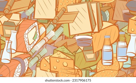 Background pattern abstract design texture. Seamless. Cheeses and Japanese food. Theme is about roll salmon, water bottles, cheese, bottles, no holes, big, tea, soba, delivery, bamboo mat