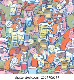 Background pattern abstract design texture. Seamless. Drinks and Japanese food. Theme is about chopsticks, hot drink, food sticks, cherries, ice cream, sauce bottle, figured glass, cola