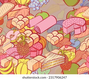 Background pattern abstract design texture. Seamless. Bakery products and Fruits. Theme is about round, divided, bread, pear, saturated with filling, berries, braid, round grapes, slice