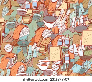 Background pattern abstract design texture. Seamless. Japanese food. Theme is about sushi-roll, sushi salmon, wok, bottles, food sticks, water bottles, sushi, sauce bottle, packet, kyusu