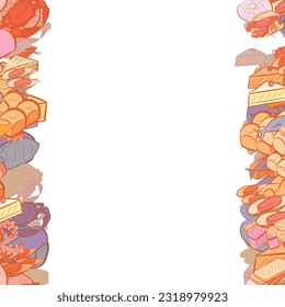 Background pattern abstract design texture. Bakery products and Seafood. Vertical seamless stripes. Border frame, transparent background. Theme is about filling, nautical, baklava, a sandwich