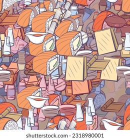 Background pattern abstract design texture. Seamless. Japanese food. Theme is about sushi salmon, chopsticks, sauce bottle, delivery, sauce cup, cup, sushi-roll, roll salmon, water bottles