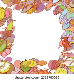 Background pattern abstract design texture. Tennis and Fruits. Border frame, transparent background. Theme is about slices, game table, balls, pear, bunch, sports judge, clip, racket, Apple