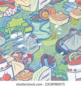 Background pattern abstract design texture. Seamless. Cutlery and Snacks. Theme is about filling, caviar, topping, basket, jelly, caramel, covered, twisted, masher, stick, knife, wand, sausage