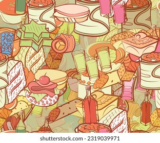 Background pattern abstract design texture. Seamless. Alcohol and Snacks. Theme is about pancake, jelly, basket, for the holiday, salmon, dough, twisted, caramel, vodka, multi-layered, refinement