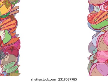 Background pattern abstract design texture. Health food and Seafood. Vertical seamless stripes. Border frame, transparent background. Theme is about peel, broccoli, yummy, Chile, glare, red cabbage