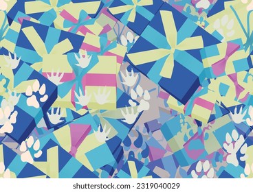 Background pattern abstract design texture. Seamless. Theme is about owl, festive, wrapped, parrot, cat, illustration, background, animals, xmas, surprise, wrap, box, bow, ribbon, feline