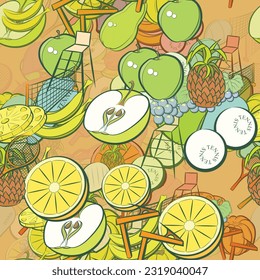 Background pattern abstract design texture. Seamless. Tennis and Fruits. Theme is about tennis balls, fruit, tennis racket case, inventory, pear, game, table, pieces, lathing, clip, branch