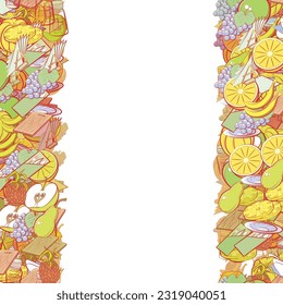 Background pattern abstract design texture. Table setting and Fruits. Vertical seamless stripes. Border frame, transparent background. Theme is about container, table set, salt shaker, half