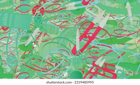 Background pattern abstract design texture. Seamless. Theme is about stitch, craft, confetti, handicraft, knitting, irregular, hobby, textile, narrow goods, needle, striped fabric, scissors