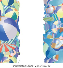 Background pattern abstract design texture. Vertical seamless stripes. Border frame, transparent background. Theme is about deck chair, starfish, diving, lifebuoy, cartoon, vacation, composition