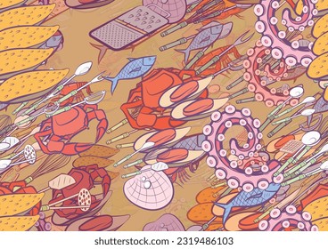 Background pattern abstract design texture. Seamless. Cutlery and Seafood. Theme is about shell, spatula, meat fork, lobster, whisk, big, yummy, spoon, knife, fish, scoop, sea, potato peeler