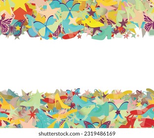 Textura de diseño abstracto de patrón de fondo. Bandas horizontales sin costura. Marco de borde, fondo transparente. El tema es sobre el verano, todos los días, dibujo, zapatos para caminar, llave de piano, encaje, tacones altos