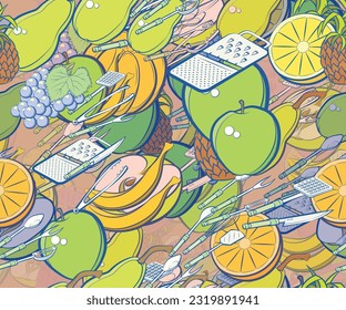 Background pattern abstract design texture. Seamless. Fruits and Cutlery. Theme is about grapes, holes, leaflet, Potato Maker, berries, scooped, round grapes, half, ladle, slices, pieces