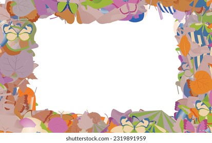 Background pattern abstract design texture. Border frame, transparent background. Theme is about diving, background, garden, beach, umbrella, composition, linden, exotic, fly, illustration