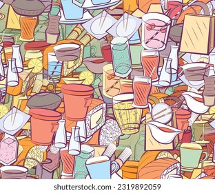 Background pattern abstract design texture. Seamless. Drinks and Japanese food. Theme is about plastic, food delivery, sauce bottle, kyusu, Martini, sushi salmon, wineglass, cola, drinking straw