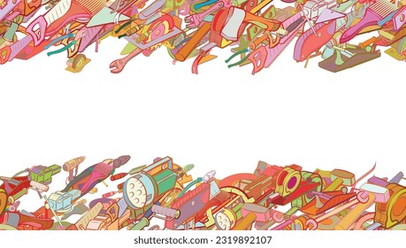 Background pattern abstract design texture. Building tools and Repair. Horizontal seamless stripes. Border frame, transparent background. Theme is about wooden handle, plane, fire tools