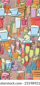 Background pattern abstract design texture. Seamless. Drinks and Alcohol. Theme is about cola, citrus, vodka, cream, for ladies, bubbles, whiskey, wineglass, Martini, drinking straw, stand