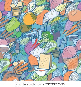 Background pattern abstract design texture. Seamless. Health food and Japanese food. Theme is about in the leaves, food sticks, pods, cob, garlic head, whole onion, wok, washed, whole garlic