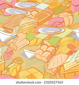 Background pattern abstract design texture. Seamless. Bakery products and Table setting. Theme is about bread, napkin holder, fried, knife, board, biscuit, waffles, round, pepper pot, a stack