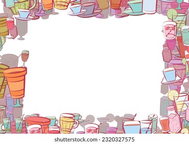 Background pattern abstract design texture. Drinks. Border frame, transparent background. Theme is about compote, drinking tube, Martini, wine, alcohol, soda, drinking straw, cherries, stand