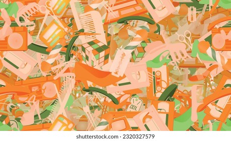 Background pattern abstract design texture. Seamless. Theme is about barber, footwear, hair clips, shaving, loafers, walking shoes, scissors, straight razor, pumps, VHS, style, fashion, salon