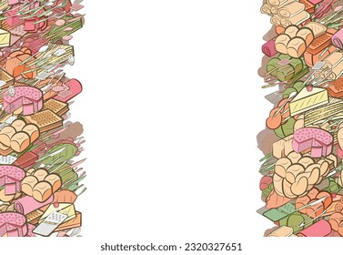 Background pattern abstract design texture. Cutlery and Bakery products. Vertical seamless stripes. Border frame, transparent background. Theme is about a sandwich, roll, baklava, spicy