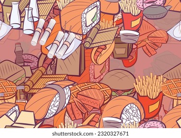 Background pattern abstract design texture. Seamless. Japanese food and American food. Theme is about pizza, sushi, delivery, cut, topping, bottles, sausage, piece, sauce bottle, kyusu, hamburger