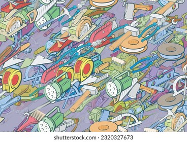Background pattern abstract design texture. Seamless. Building tools and Repair. Theme is about building, spatula, rolls down, mounting, hand saw, forceful effect, knife, compression, woodcutter