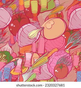 Background pattern abstract design texture. Seamless. Alcohol and Health food. Theme is about dye, the harvest, white, bitter, head of cab, garlic head, whole onion, cocktail, peel, vodka