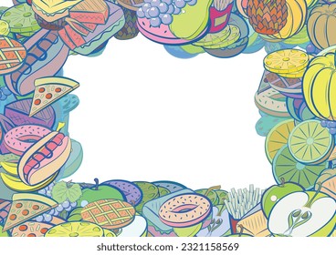 Background pattern abstract design texture. Fruits and American food. Border frame, transparent background. Theme is about fetus, lobules, orange, round grapes, American cake, pizza, berries