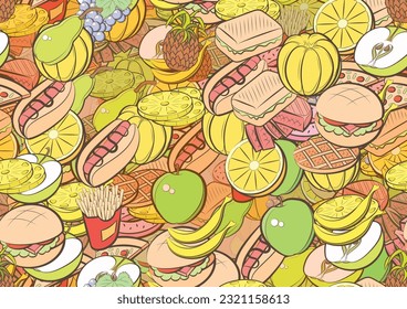 Background pattern abstract design texture. Seamless. Fruits and American food. Theme is about topping, bakery products, pineapple, whole, french fries, pieces, steak, hamburger, potato