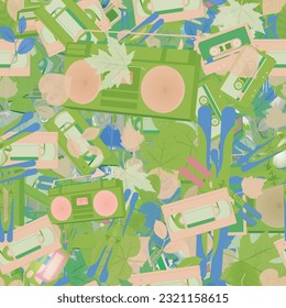 Background pattern abstract design texture. Seamless. Theme is about cassette, hike, rubix cube, maple, classic, magnetola, boombox, sweets, nobody, alpine, protector, beech, apple, glasses