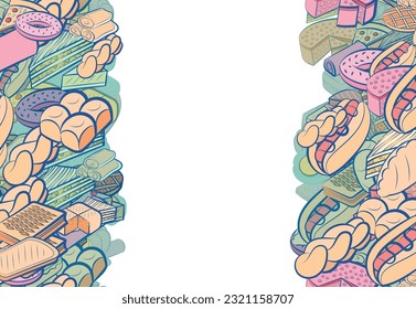 Background pattern abstract design texture. American food and Bakery products. Vertical seamless stripes. Border frame, transparent background. Theme is about donut, meat, cheesecake, molded