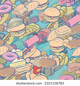 Background pattern abstract design texture. Seamless. American food and Bakery products. Theme is about common, potato, piece, molded, roll, french fries, pancakes, sandwich, fried, cherry